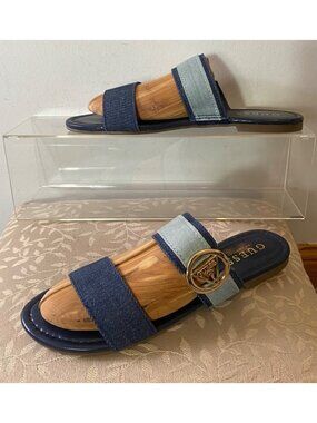Guess Denim Slide Sandals Gold Logo Buckle Size 8